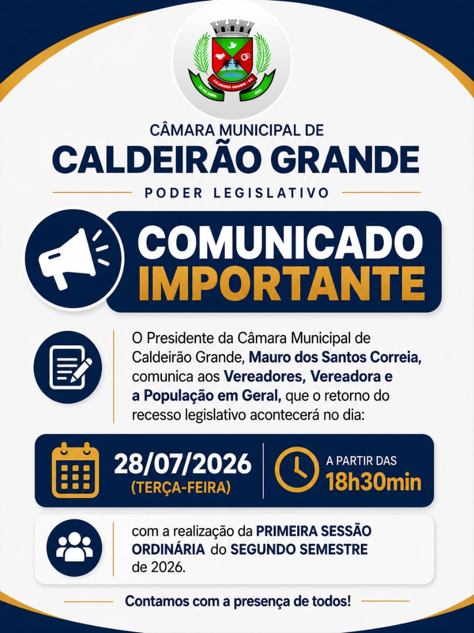 Câmara Municipal de Caldeirão Grande retorna às atividades legislativas no dia 28 de julho