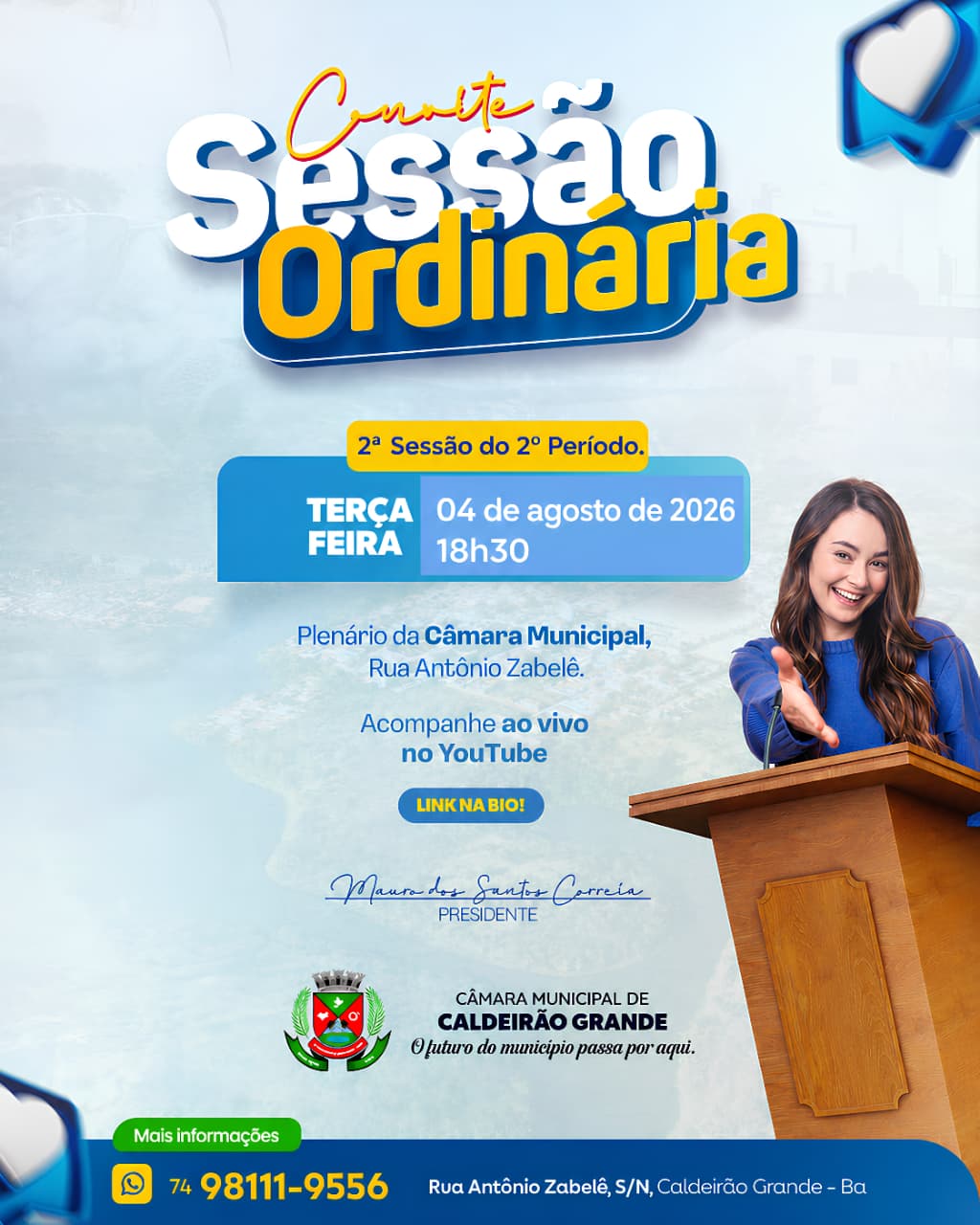 Câmara Municipal realiza a 2ª Sessão Ordinária do 2º Período nesta terça-feira 04/08/2026